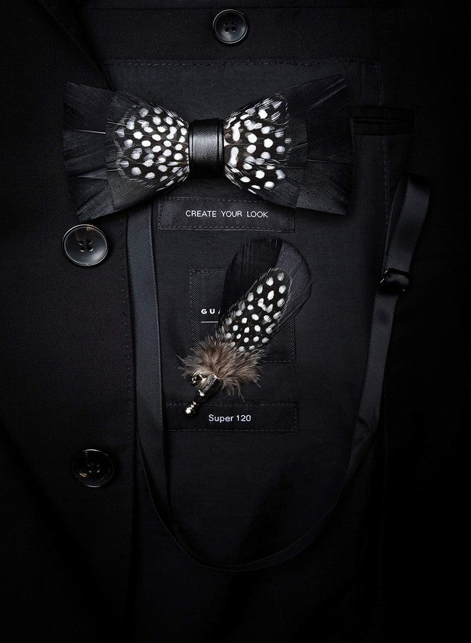 RBOCOTT Mens Handmade Feather Pre-tied Bow tie and Brooch Sets (black/white) - Image 4